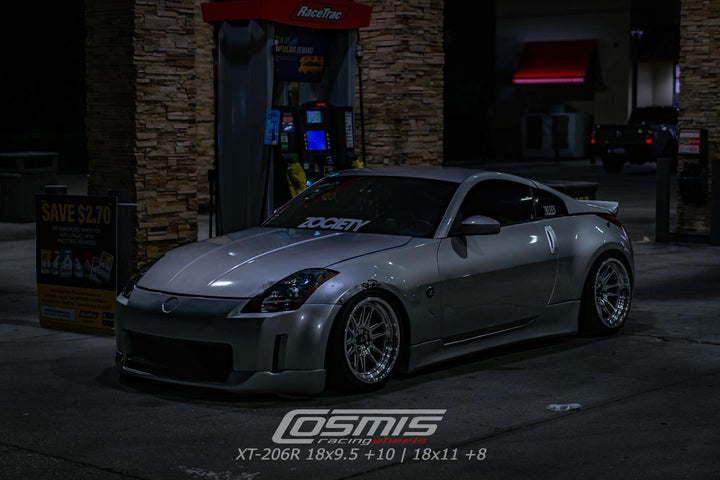 Nissan 350z drift car with Aftermarket Cosmis Wheels XT-206R Silver 18x9.5 +10mm