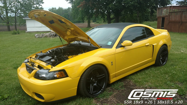 SN95 Ford Mustang with Aftermarket Cosmis Wheels Black S5R 18x9 +26mm and 18x10.5 +20mm 5x114.3