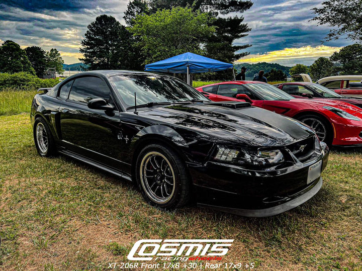 SN95 4th gen Ford Mustang Aftermarket Cosmis Wheels XT-206R 17x8 +30 Black w/ Machined Lip + Spokes