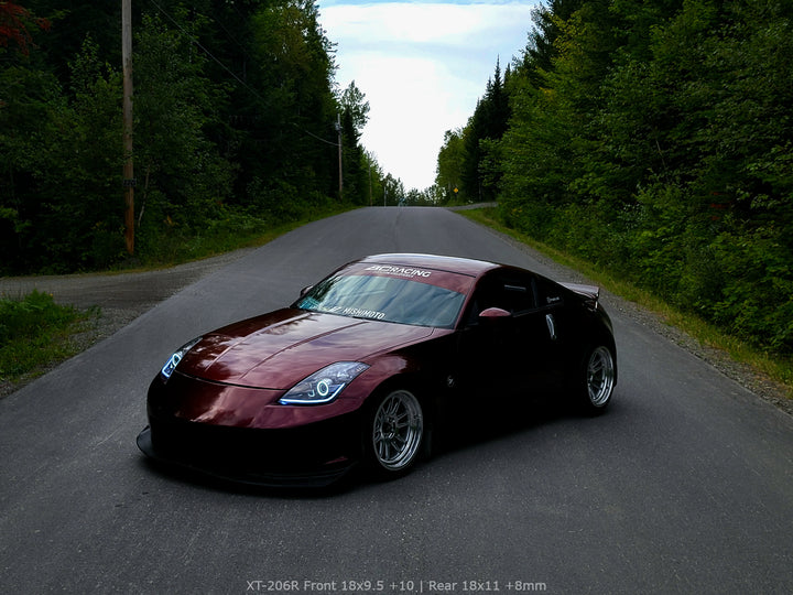 Red Nissan 350z Lowered Aftermarket Cosmis Wheels XT-206R Silver 18x9.5 +10mm