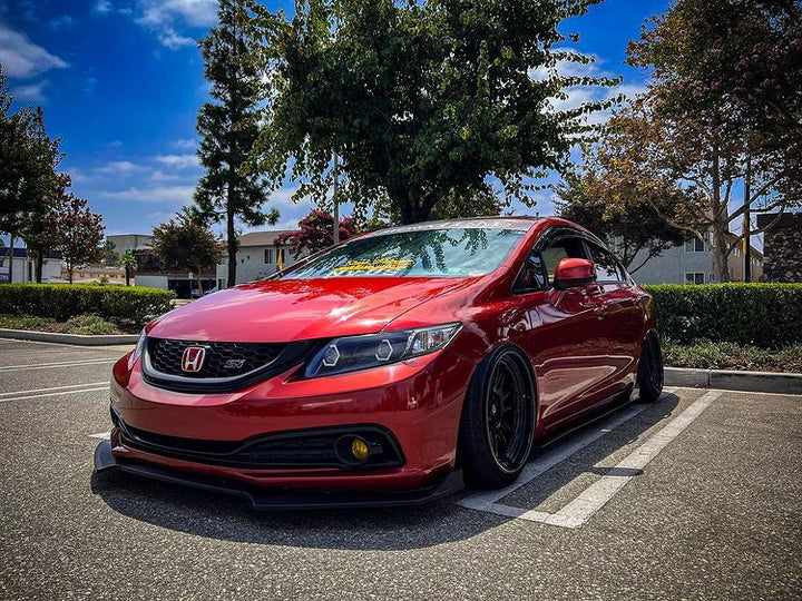 Lowered Red Honda Civic Si Sedan with Aftermarket Cosmis Wheels XT-206R Black 18x9.5 +10mm