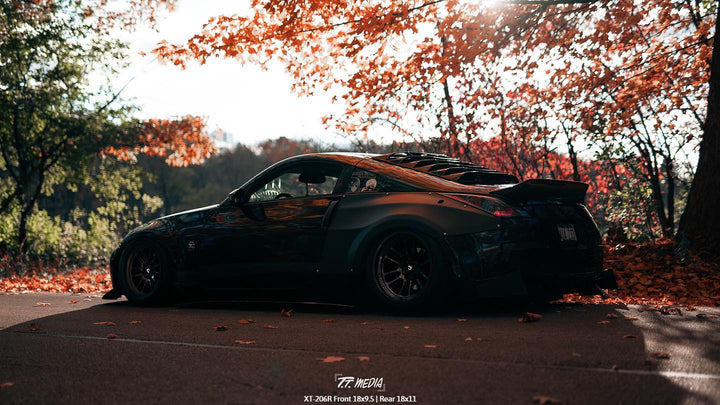 Widebody Nissan 350z with front Aftermarket Cosmis Wheels XT-206R Black 18x9.5 +10mm