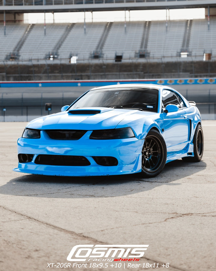 SN95 4th Gen Ford Mustang with Front Aftermarket Cosmis Wheels XT-206R Black 18x9.5 +10mm