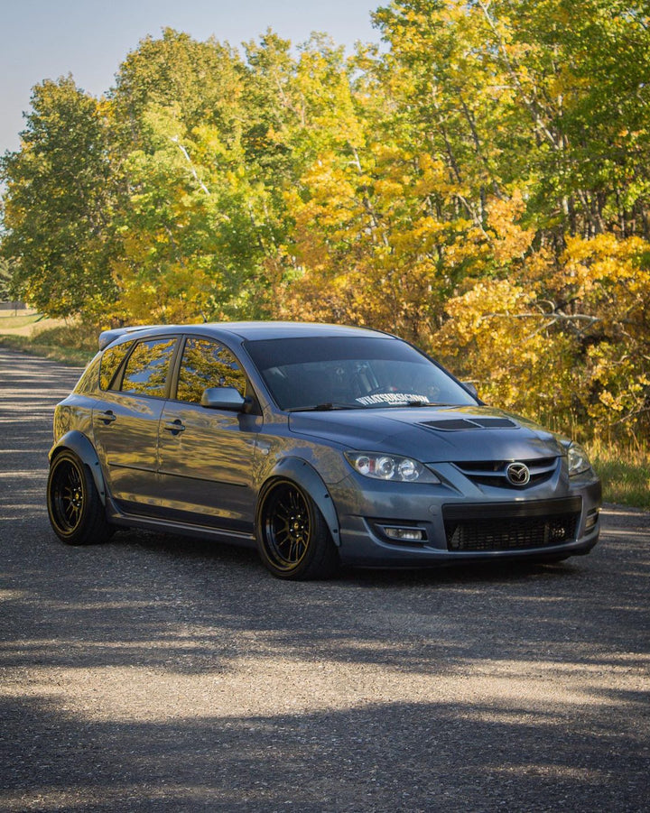 Widebody Mazda Mazdaspeed3 with Aftermarket Cosmis Wheels XT-206R Black 18x9.5 +10mm